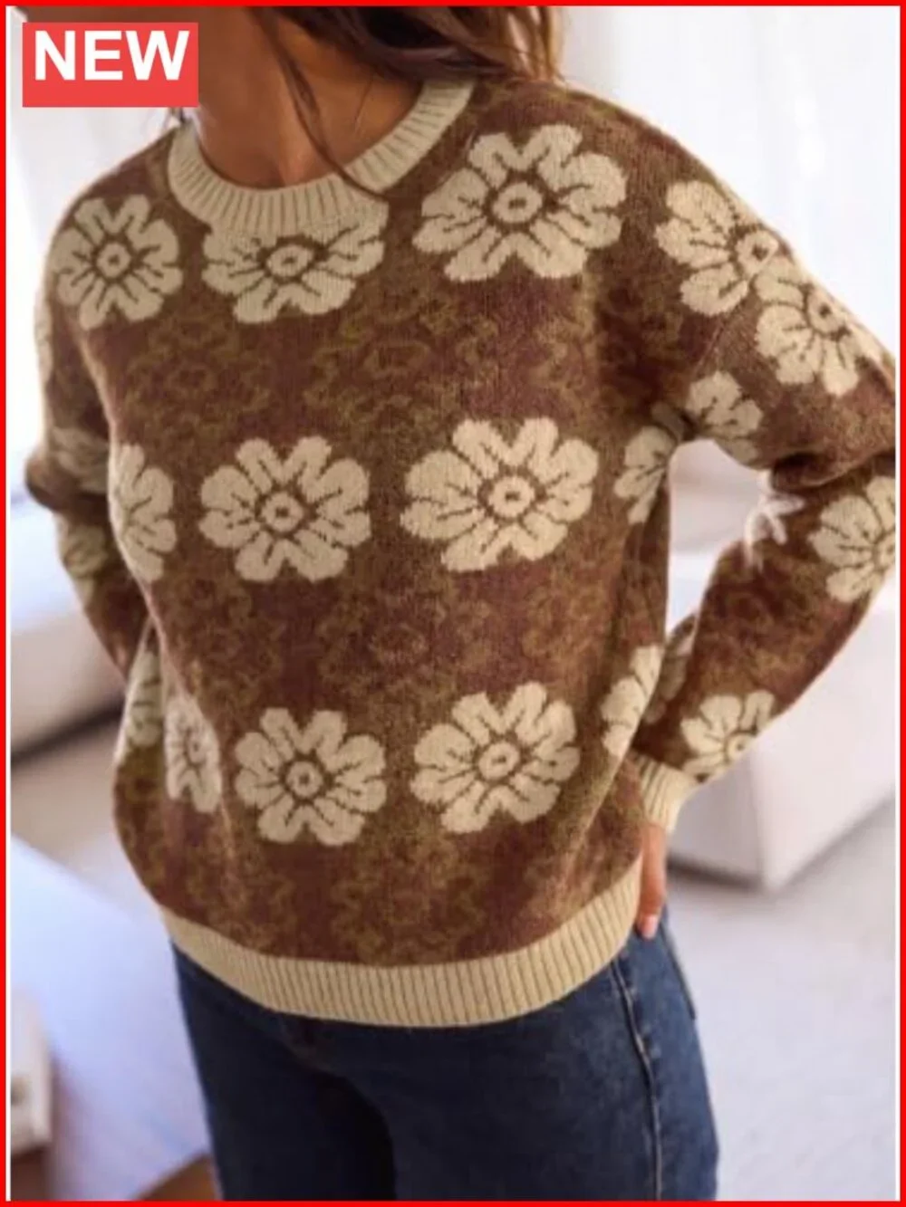 Womens Floral Crewneck Sweater Knit Pullover Loose Fit Long Sleeve